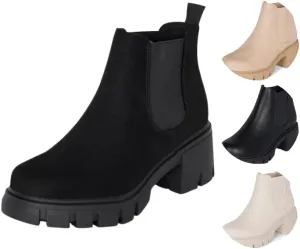 : Dance - Womens Platform Ankle Boots Elastic Chunky Block Heel Chelsea Booties Lug Sole Combat Shoes