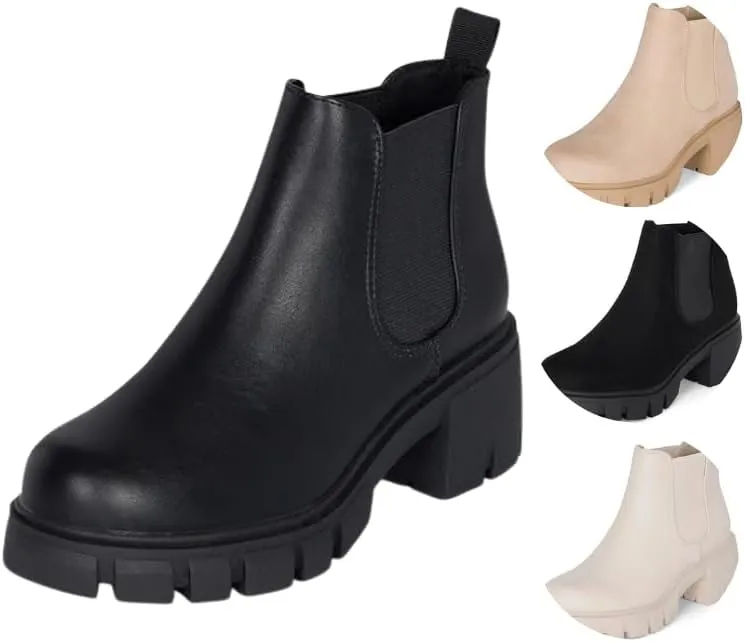 : Dance - Womens Platform Ankle Boots Elastic Chunky Block Heel Chelsea Booties Lug Sole Combat Shoes