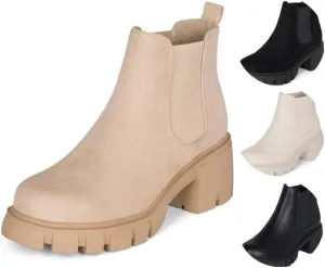 : Dance - Womens Platform Ankle Boots Elastic Chunky Block Heel Chelsea Booties Lug Sole Combat Shoes