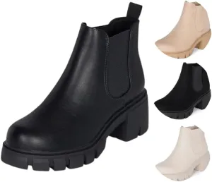 : Dance - Womens Platform Ankle Boots Elastic Chunky Block Heel Chelsea Booties Lug Sole Combat Shoes