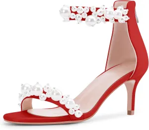 100FIXEO Women's Pearl Low Kitten Heel Ankle Strap Heeled Sandals Open Toe Wedding Bride Dress Shoes