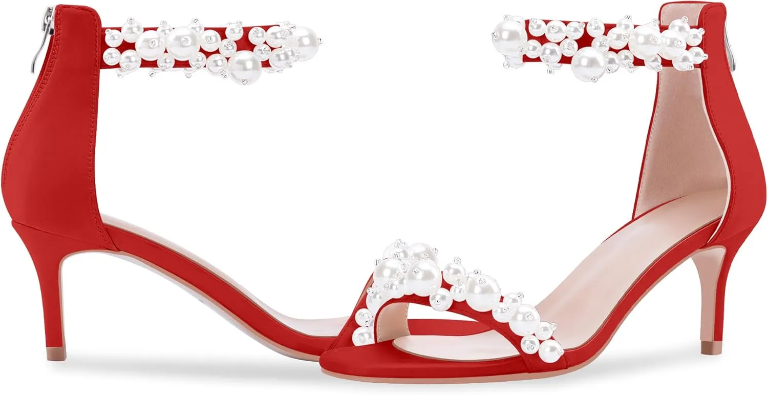 100FIXEO Women's Pearl Low Kitten Heel Ankle Strap Heeled Sandals Open Toe Wedding Bride Dress Shoes