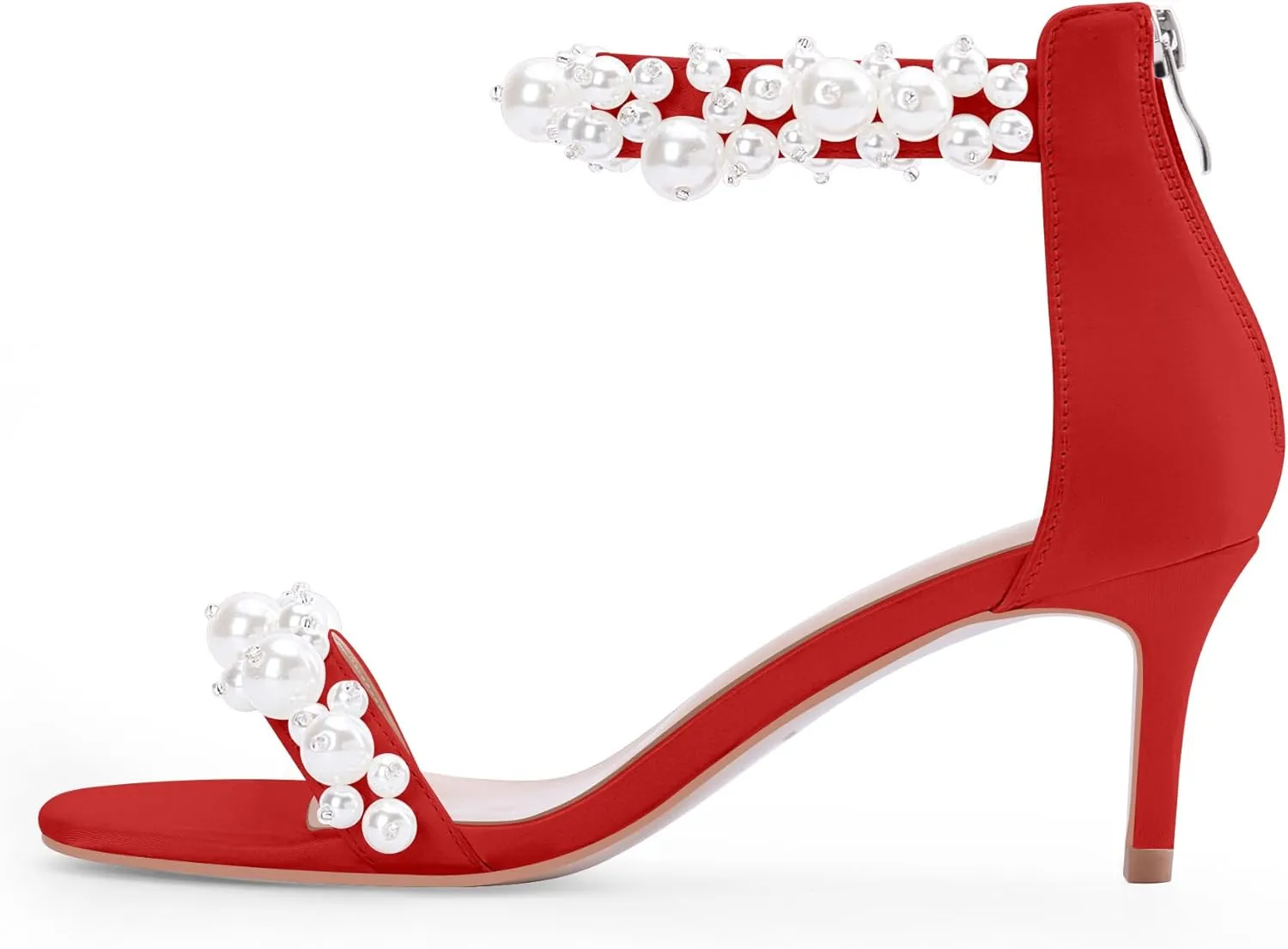 100FIXEO Women's Pearl Low Kitten Heel Ankle Strap Heeled Sandals Open Toe Wedding Bride Dress Shoes