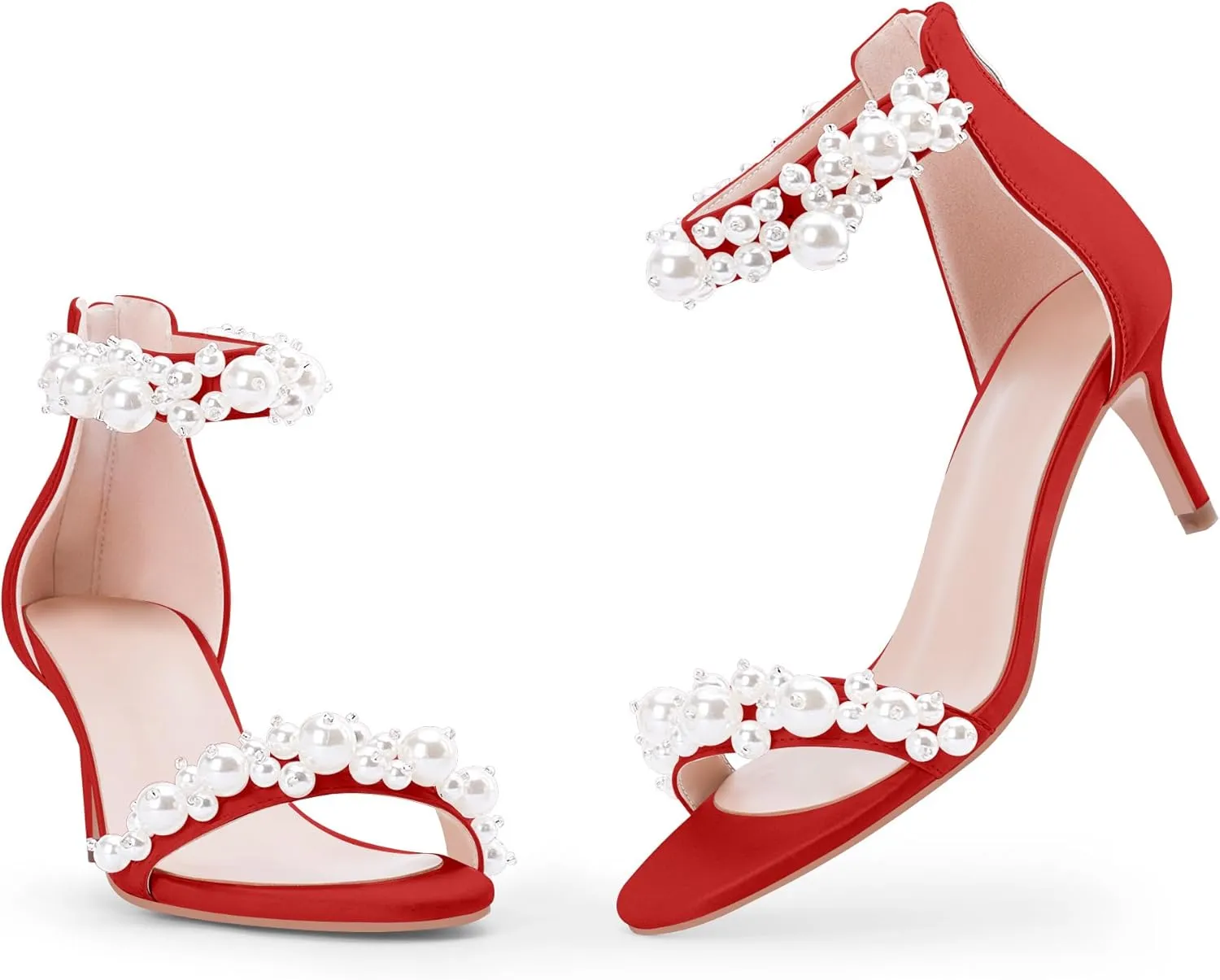 100FIXEO Women's Pearl Low Kitten Heel Ankle Strap Heeled Sandals Open Toe Wedding Bride Dress Shoes