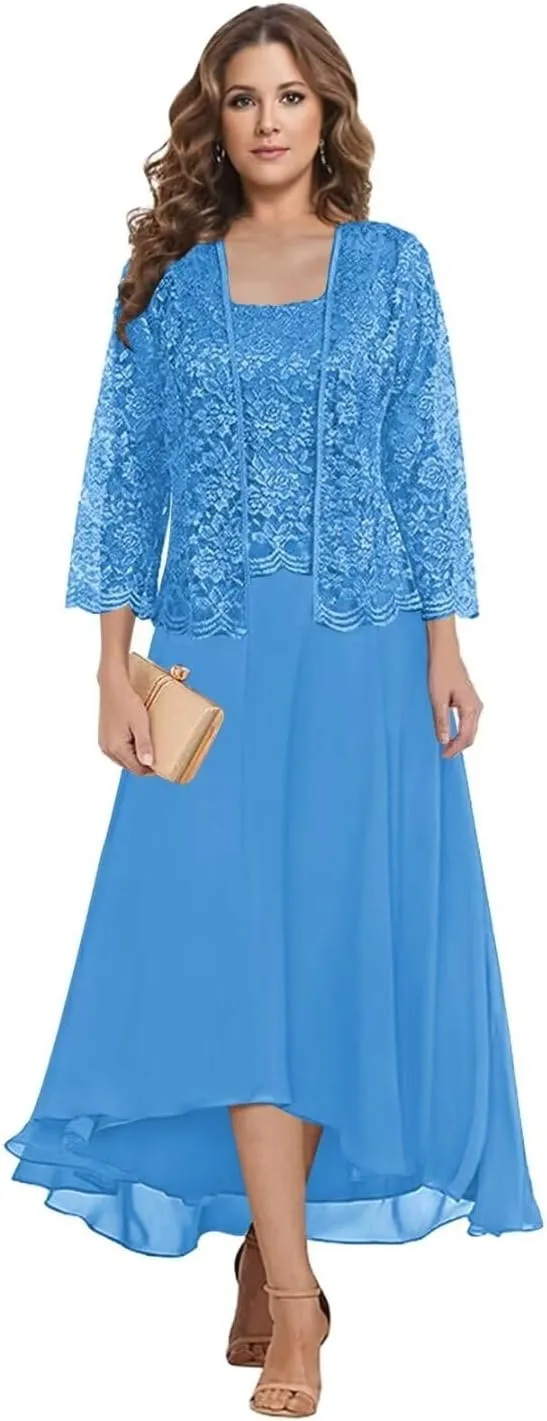 2 Piece Mother of The Bride Dresses for Wedding Tea Length Lace Chiffon Formal Evening Gown with Jacket
