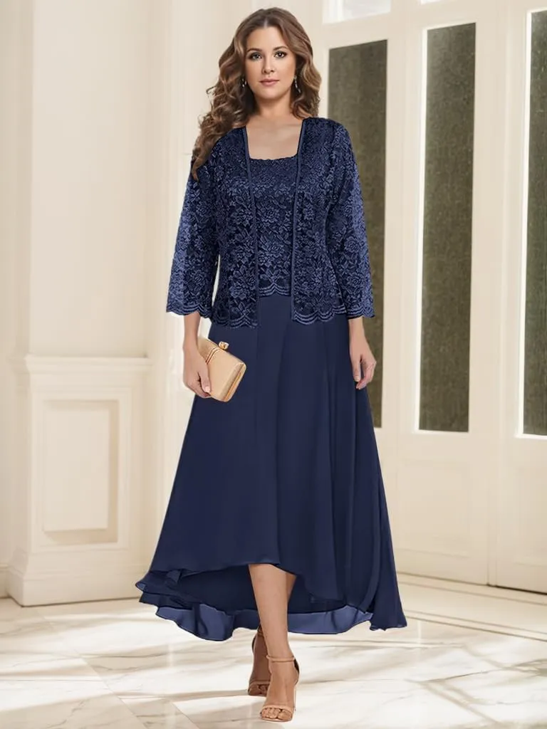 2 Piece Mother of The Bride Dresses for Wedding Tea Length Lace Chiffon Formal Evening Gown with Jacket