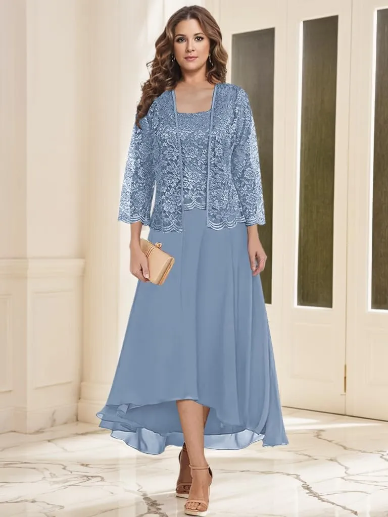 2 Piece Mother of The Bride Dresses for Wedding Tea Length Lace Chiffon Formal Evening Gown with Jacket