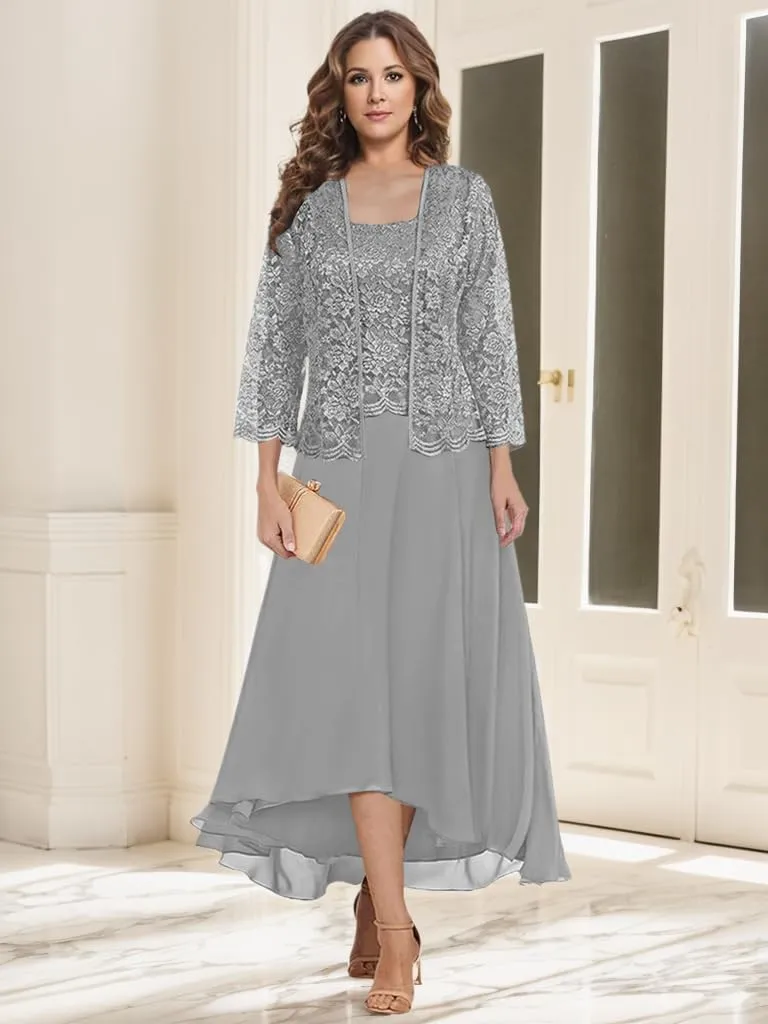 2 Piece Mother of The Bride Dresses for Wedding Tea Length Lace Chiffon Formal Evening Gown with Jacket