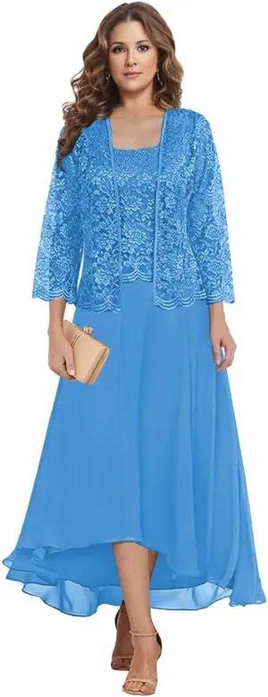2 Piece Mother of The Bride Dresses for Wedding Tea Length Lace Chiffon Formal Evening Gown with Jacket