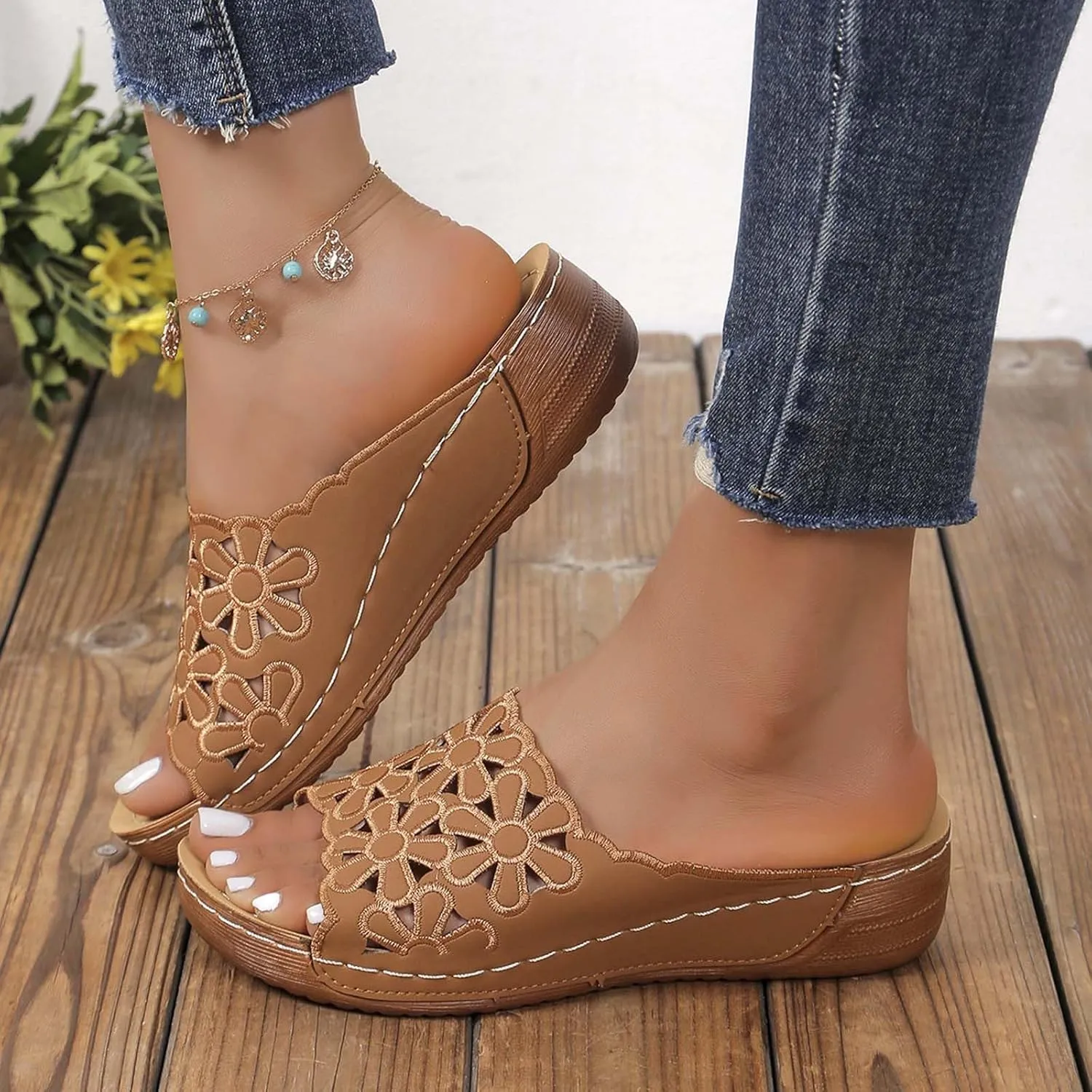 2025 Floral Hollow Out Slipper for Women Open Toe Solid Arch Support Sandal Orthopedic Breathe Slide Slip on Sandals