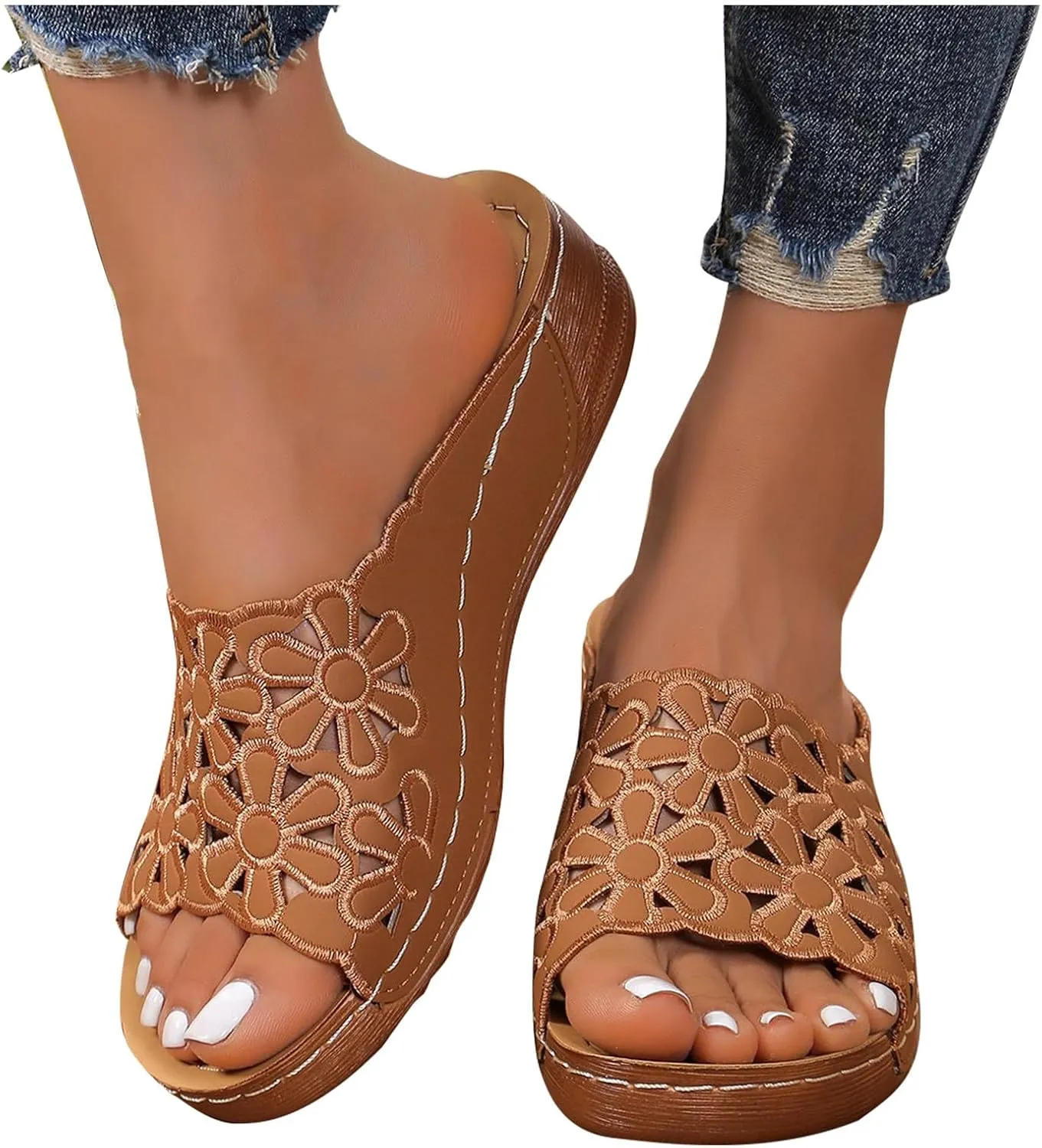 2025 Floral Hollow Out Slipper for Women Open Toe Solid Arch Support Sandal Orthopedic Breathe Slide Slip on Sandals