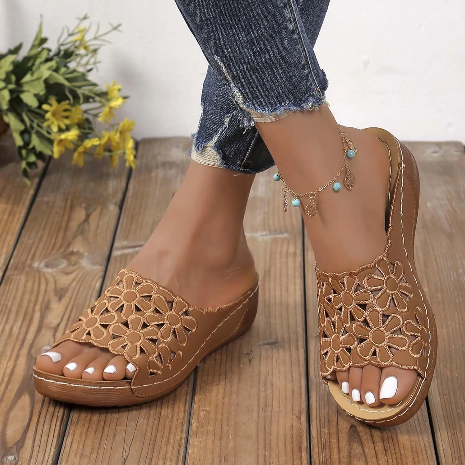 2025 Floral Hollow Out Slipper for Women Open Toe Solid Arch Support Sandal Orthopedic Breathe Slide Slip on Sandals