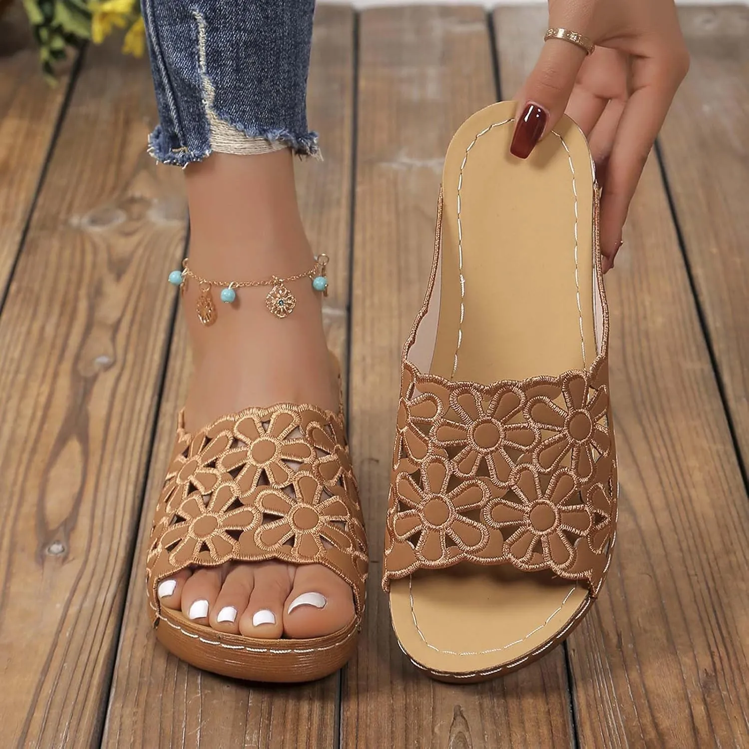 2025 Floral Hollow Out Slipper for Women Open Toe Solid Arch Support Sandal Orthopedic Breathe Slide Slip on Sandals