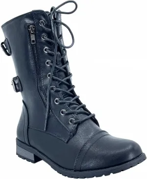 ABSOLEX Womens Lace up Round Toe Low Heel Combat Boots