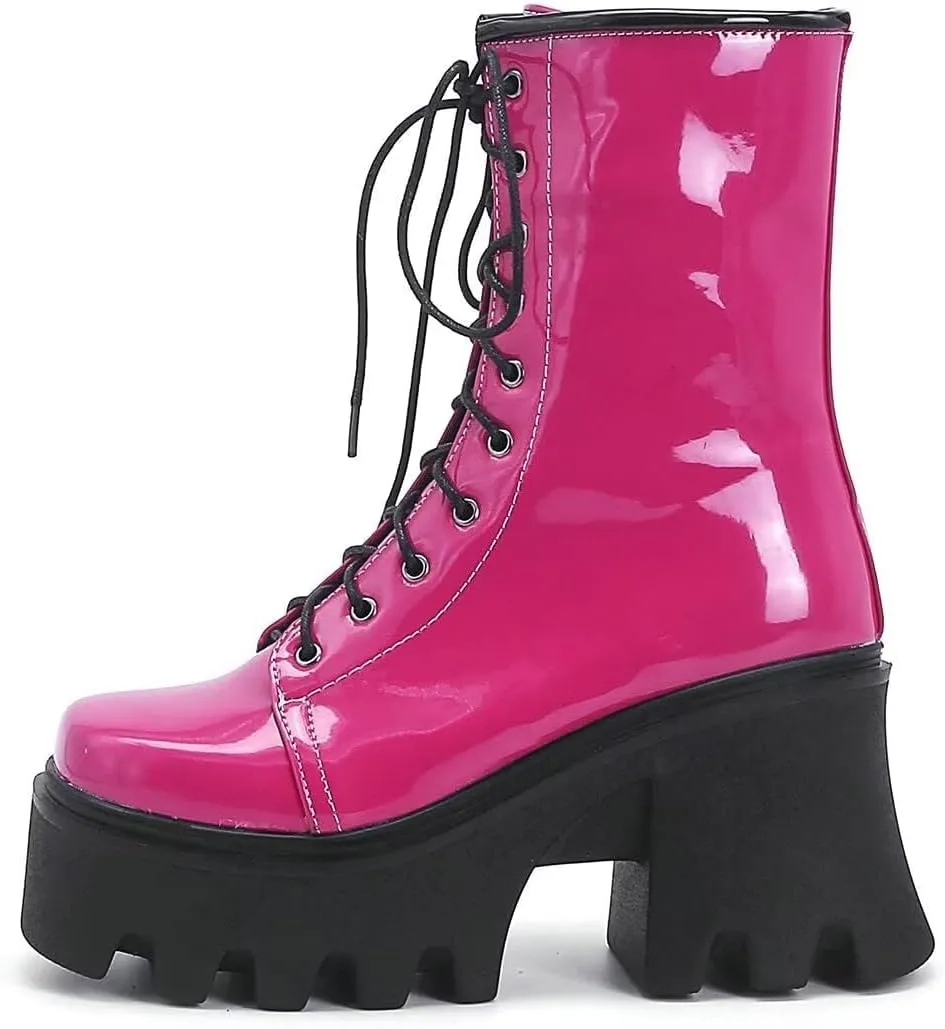 Agodor Women's Chunky High Heel Goth Platform Combat Boots Lace up Patent leather Gothic Boots