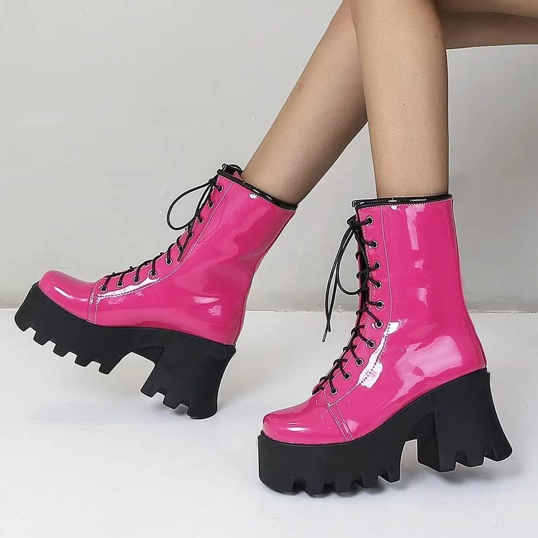 Agodor Women's Chunky High Heel Goth Platform Combat Boots Lace up Patent leather Gothic Boots