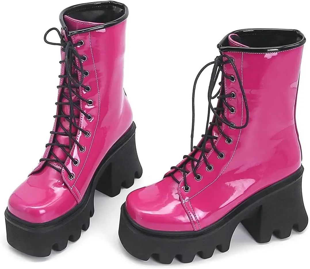 Agodor Women's Chunky High Heel Goth Platform Combat Boots Lace up Patent leather Gothic Boots