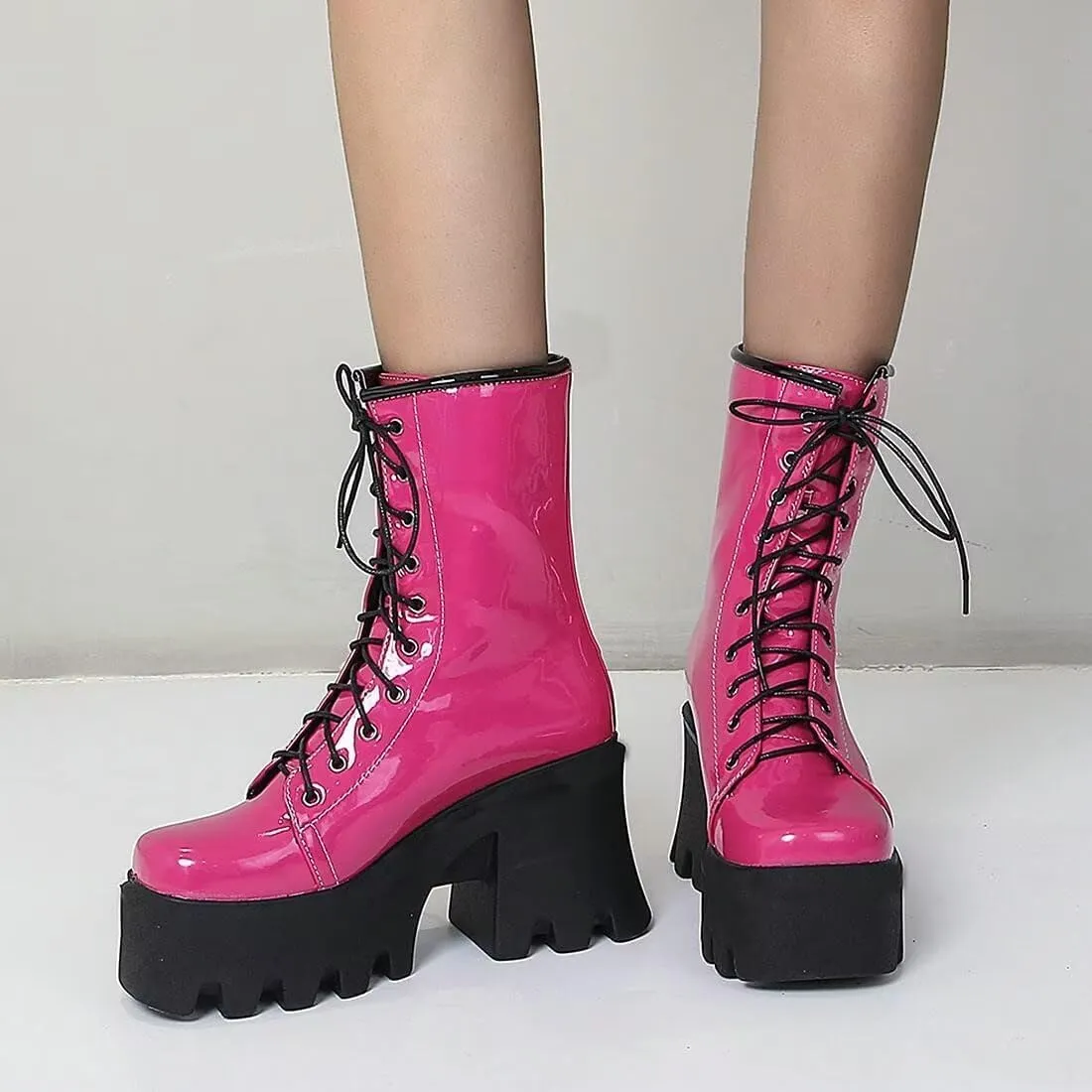 Agodor Women's Chunky High Heel Goth Platform Combat Boots Lace up Patent leather Gothic Boots