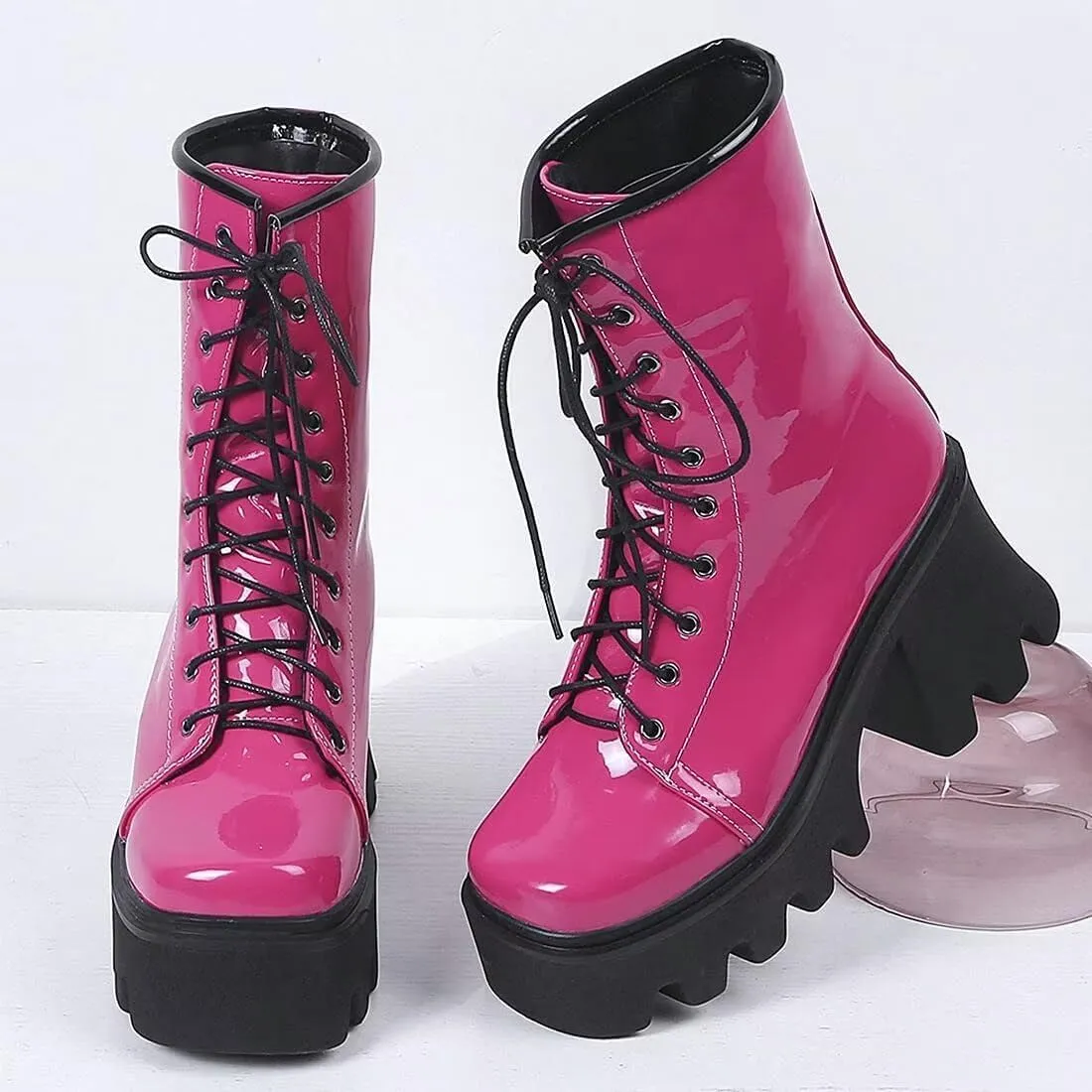 Agodor Women's Chunky High Heel Goth Platform Combat Boots Lace up Patent leather Gothic Boots