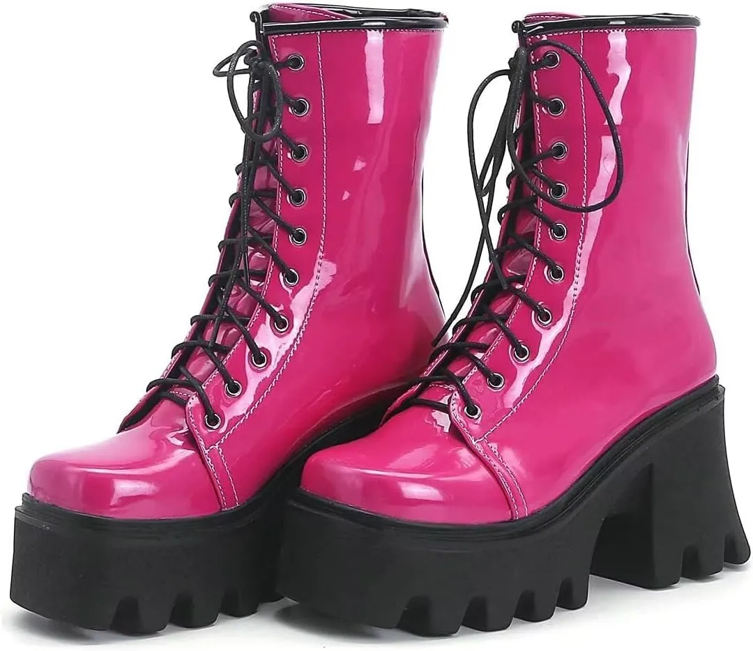 Agodor Women's Chunky High Heel Goth Platform Combat Boots Lace up Patent leather Gothic Boots