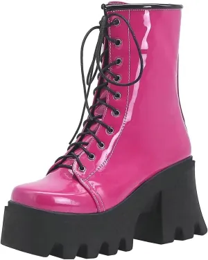 Agodor Women's Chunky High Heel Goth Platform Combat Boots Lace up Patent leather Gothic Boots