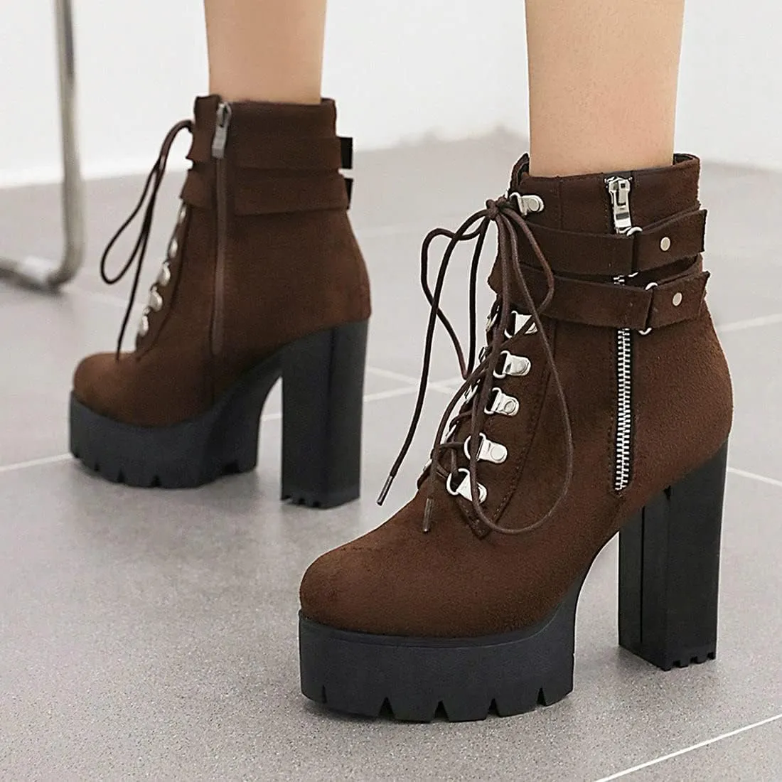Agodor Women's Goth Platform Combat Booties Lace up Round Toe Chunky High Heel Gothic Ankle Boots