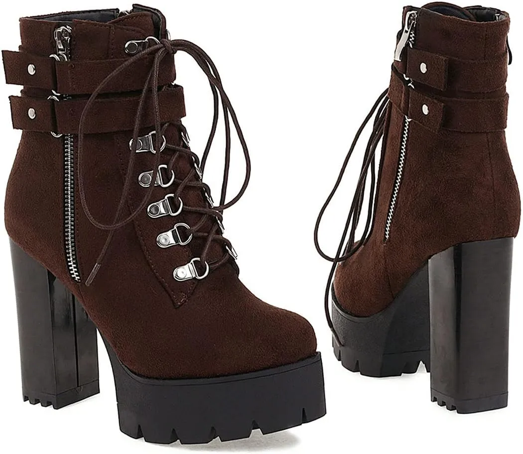 Agodor Women's Goth Platform Combat Booties Lace up Round Toe Chunky High Heel Gothic Ankle Boots