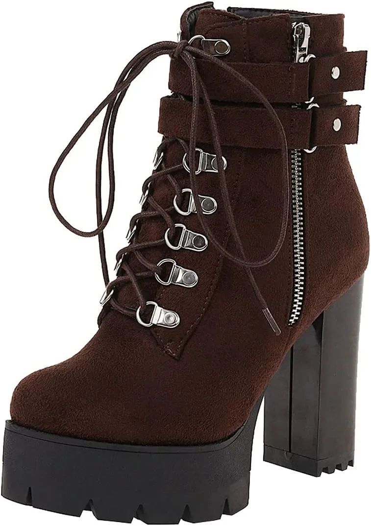 Agodor Women's Goth Platform Combat Booties Lace up Round Toe Chunky High Heel Gothic Ankle Boots