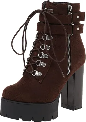 Agodor Women's Goth Platform Combat Booties Lace up Round Toe Chunky High Heel Gothic Ankle Boots