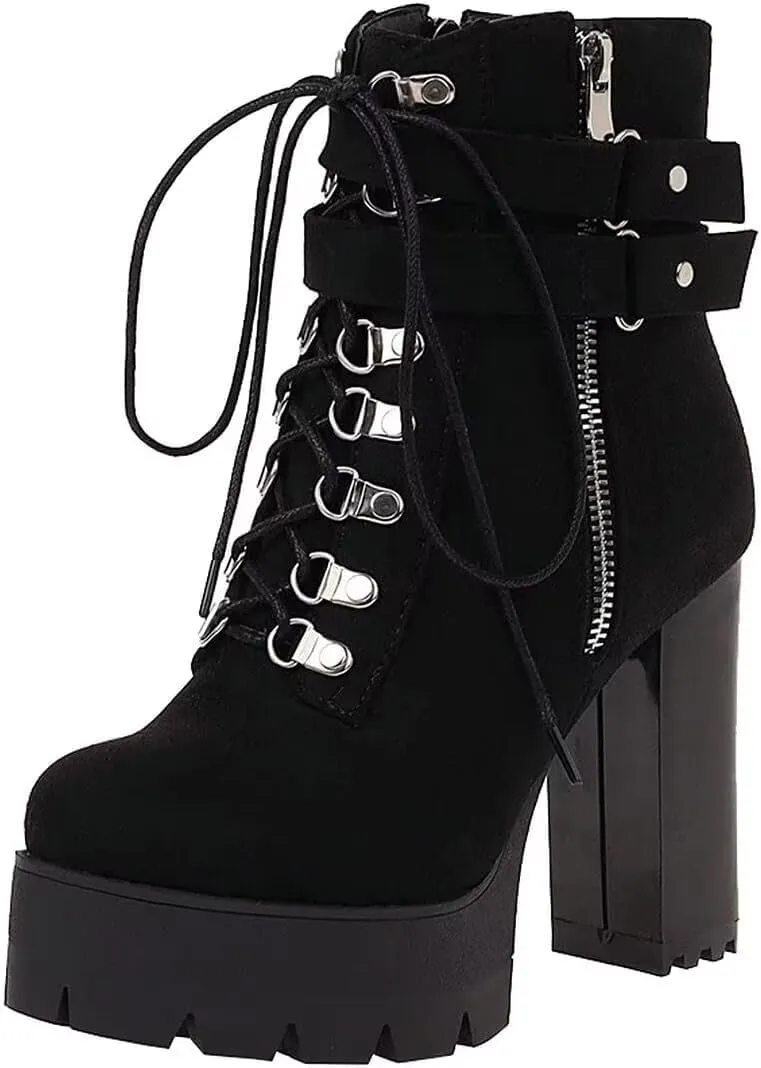 Agodor Women's Goth Platform Combat Booties Lace up Round Toe Chunky High Heel Gothic Ankle Boots