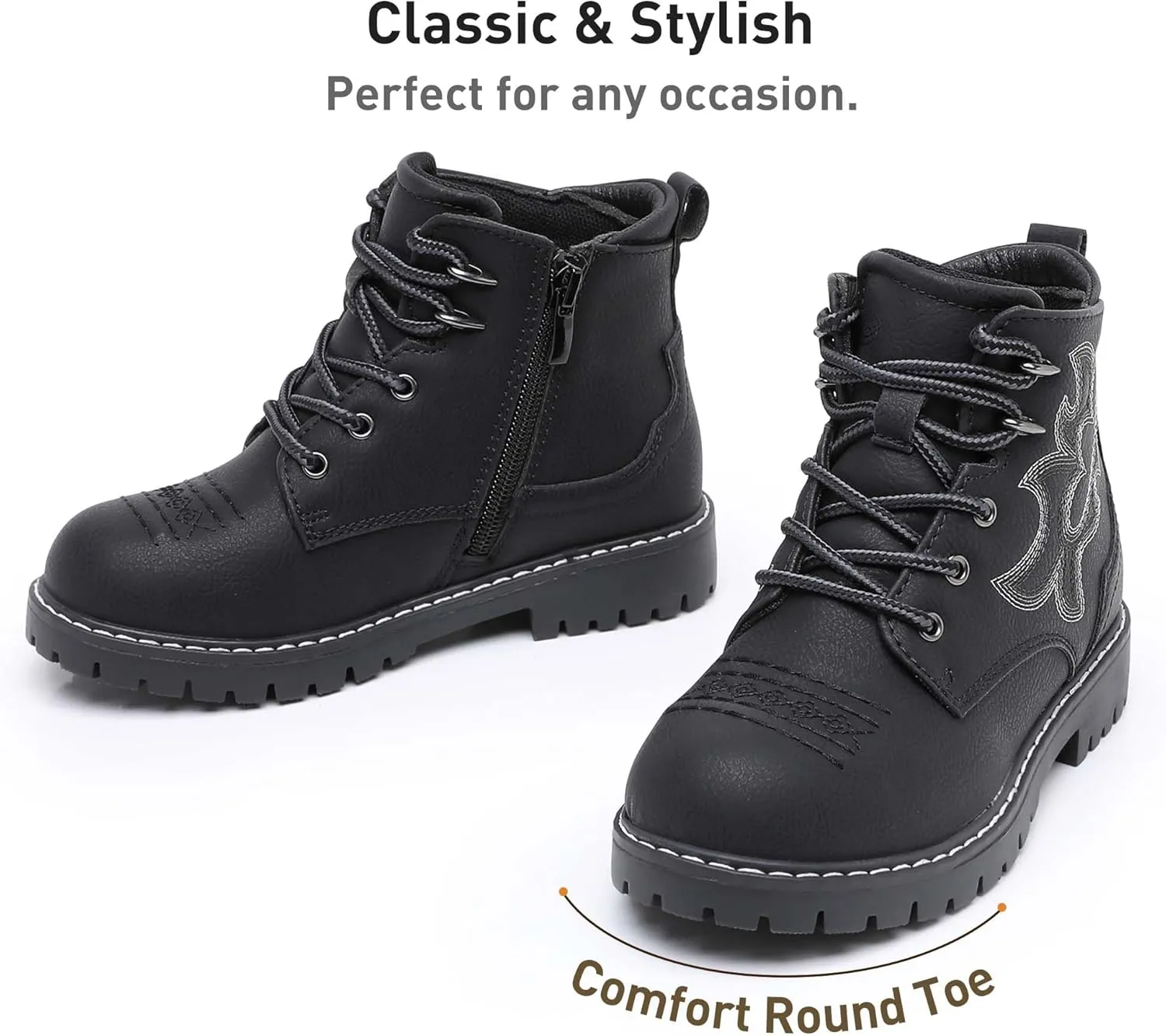 Ahannie Boys Girls Boots Kids Combat Ankle Boots Embroidered Stylish Fall Shoes with Side Zipper(Toddler/Little Kid/Big Kid)