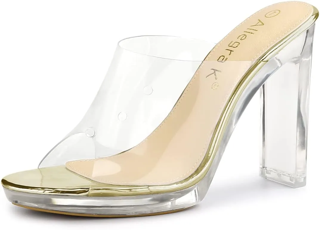 Allegra K Women's Clear Heel Platform Open Toe Chunky Heels Slides Sandals