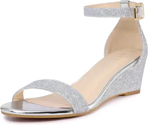 Allegra K Women's Glitter Open Toe Ankle Strap Wedge Heel Sandals