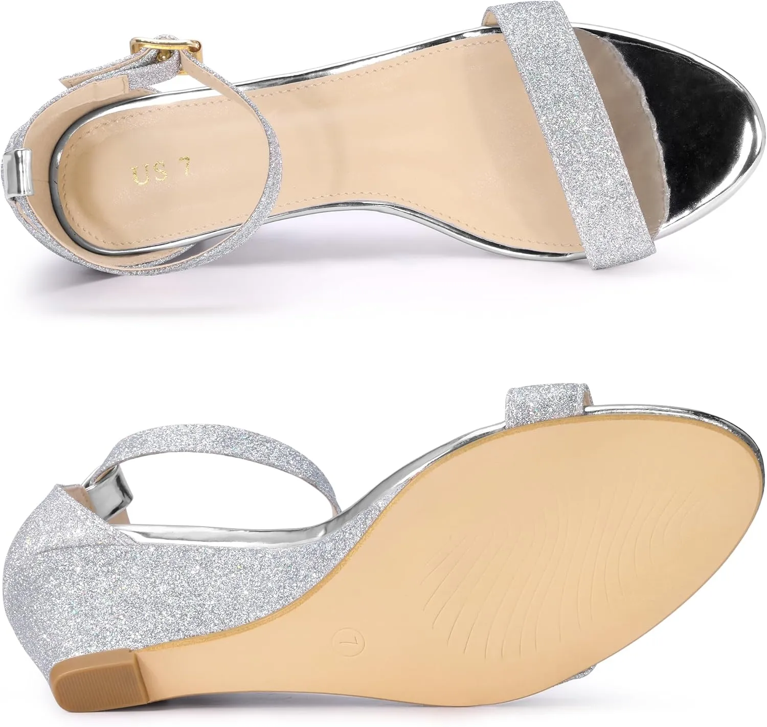 Allegra K Women's Glitter Open Toe Ankle Strap Wedge Heel Sandals