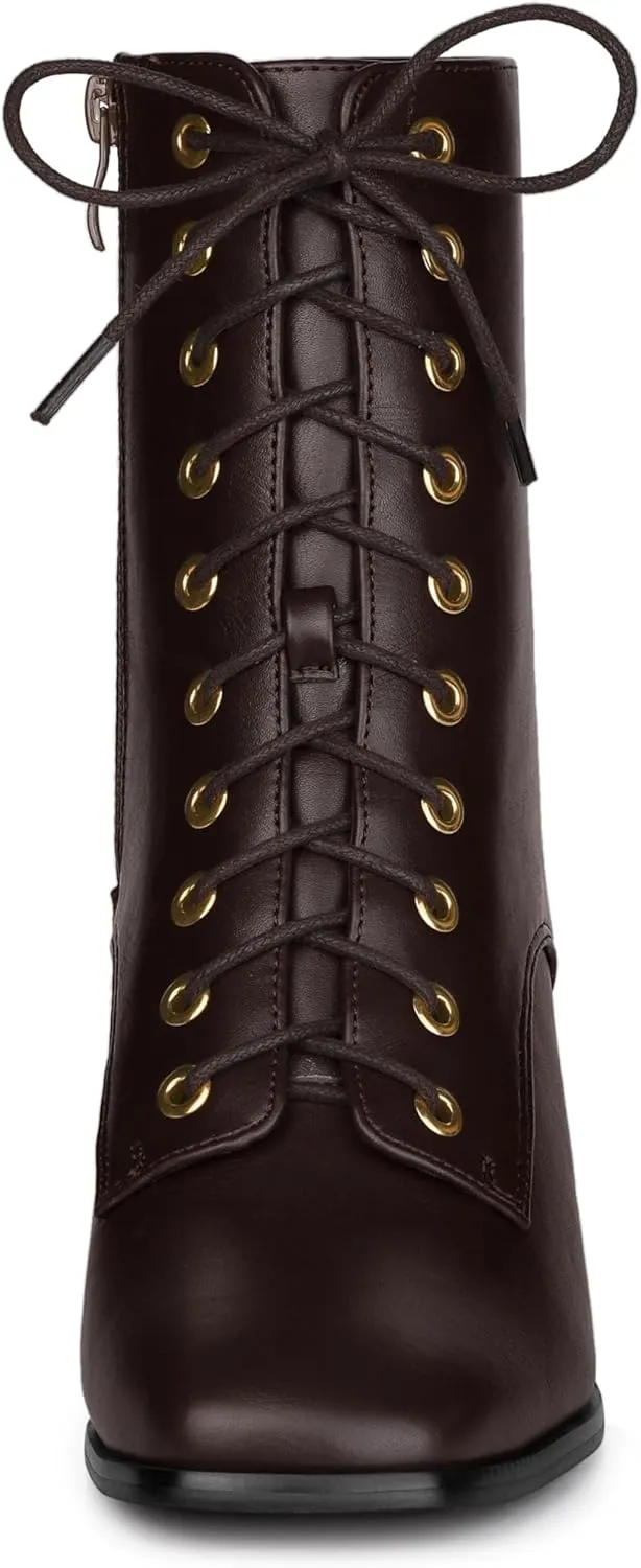 Allegra K Women's Lace Up Square Toe Chunky Heels Ankle Combat Boots