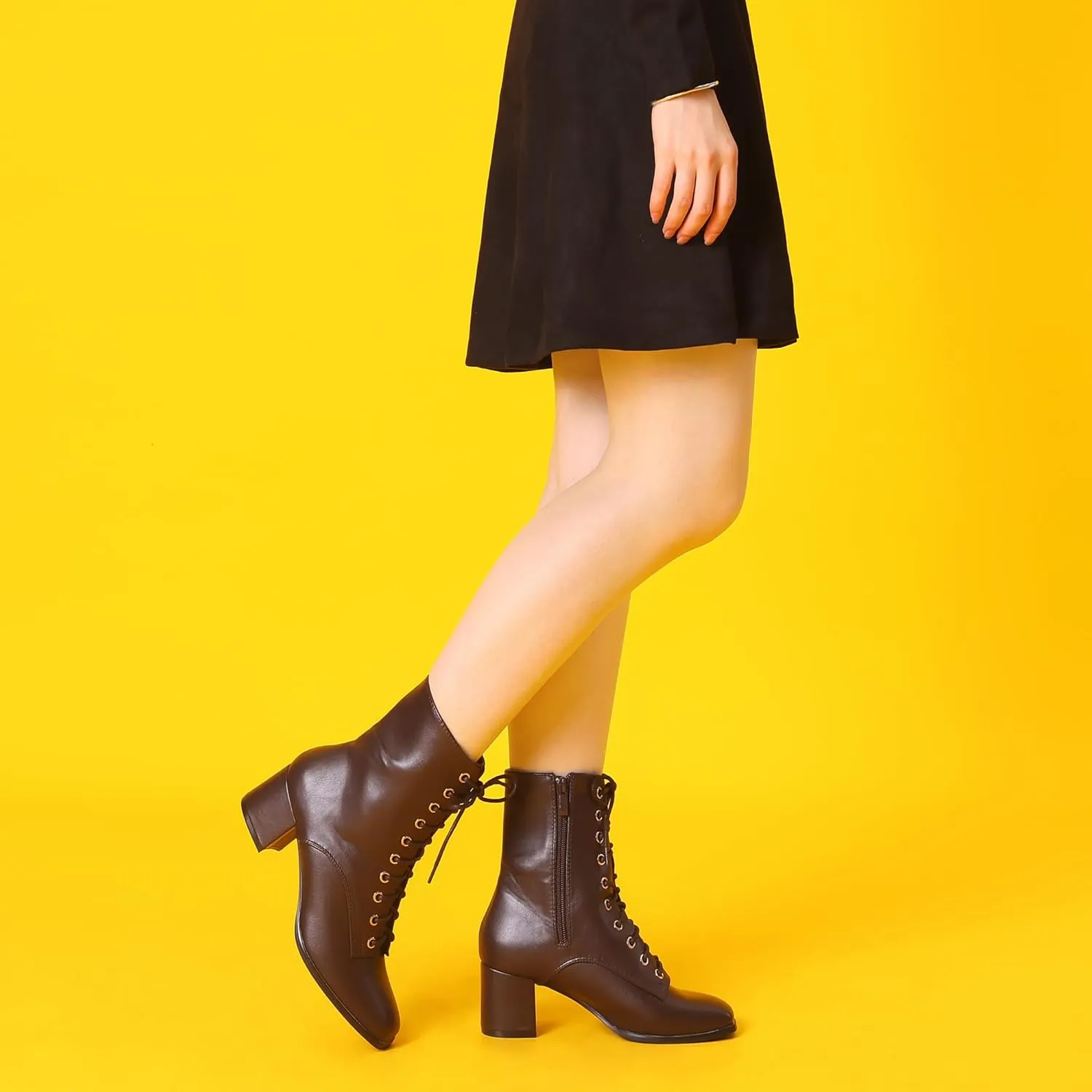 Allegra K Women's Lace Up Square Toe Chunky Heels Ankle Combat Boots