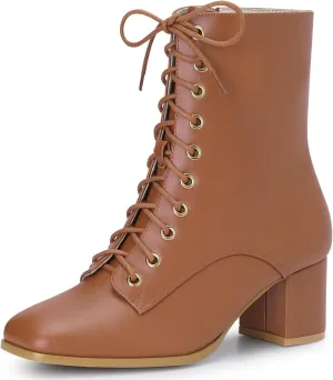 Allegra K Women's Lace Up Square Toe Chunky Heels Ankle Combat Boots