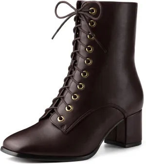 Allegra K Women's Lace Up Square Toe Chunky Heels Ankle Combat Boots