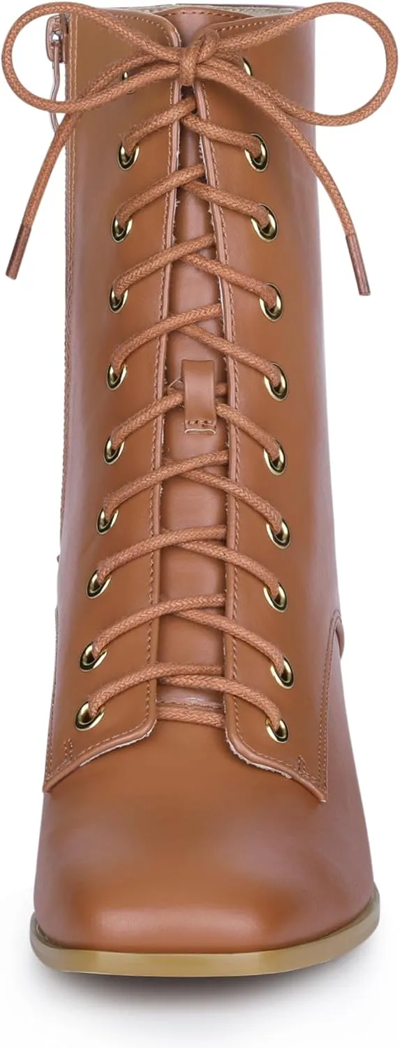 Allegra K Women's Lace Up Square Toe Chunky Heels Ankle Combat Boots
