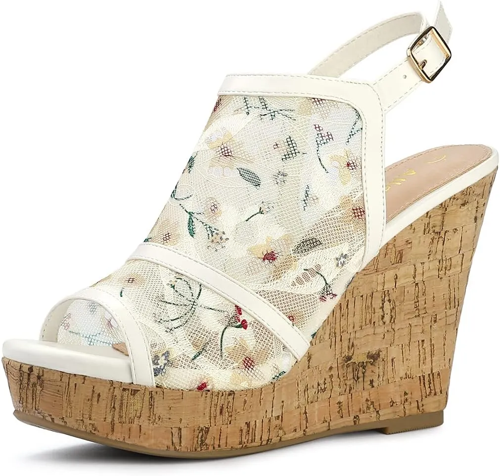 Allegra K Women's Open Toe Platform Heel Lace Wedges Sandals
