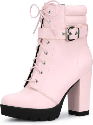 Allegra K Women's Platform Ankle Boots Lace Up Block Heels Combat Boots