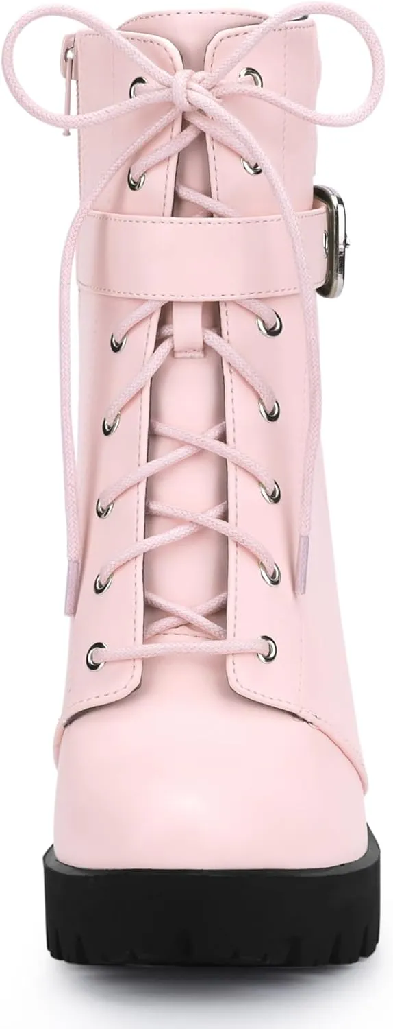 Allegra K Women's Platform Ankle Boots Lace Up Block Heels Combat Boots