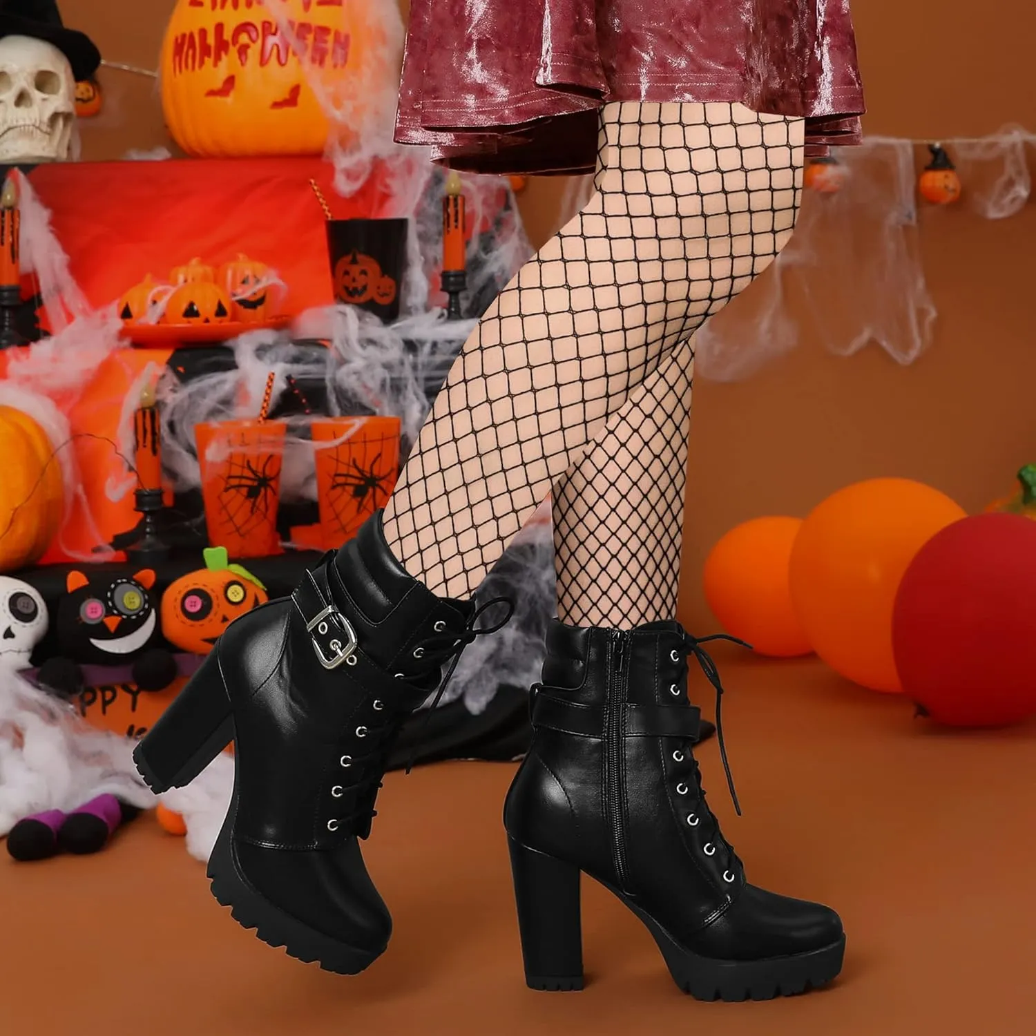 Allegra K Women's Platform Ankle Boots Lace Up Block Heels Combat Boots
