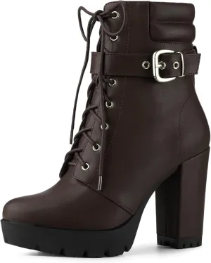 Allegra K Women's Platform Ankle Boots Lace Up Block Heels Combat Boots