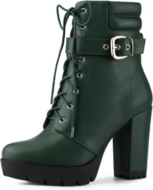 Allegra K Women's Platform Ankle Boots Lace Up Block Heels Combat Boots