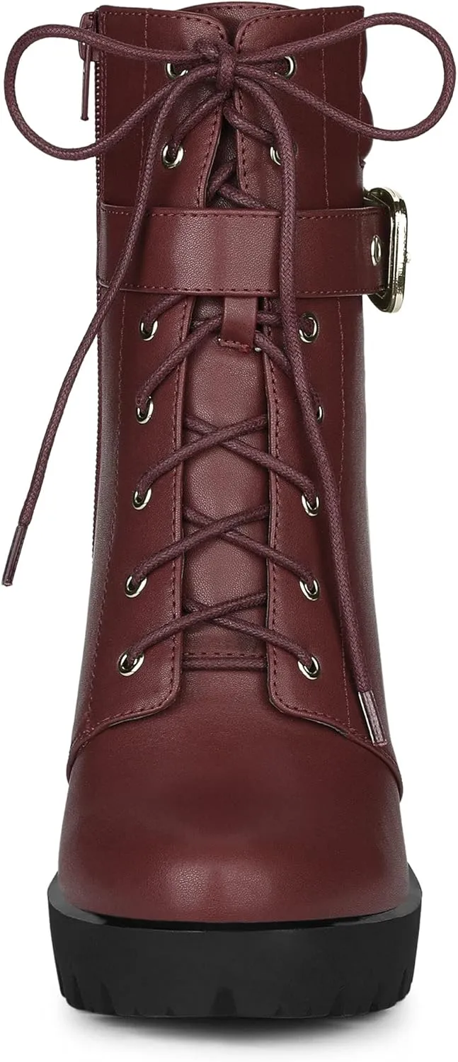 Allegra K Women's Platform Ankle Boots Lace Up Block Heels Combat Boots