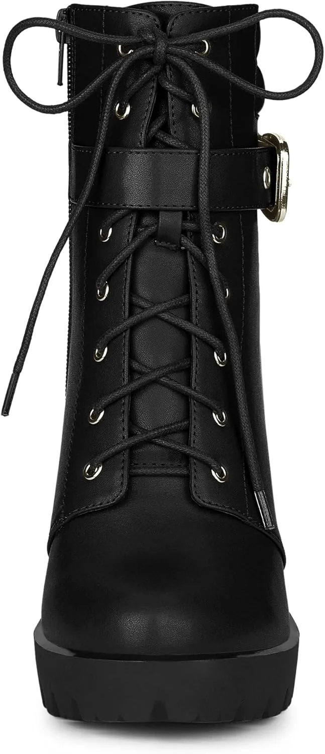 Allegra K Women's Platform Ankle Boots Lace Up Block Heels Combat Boots