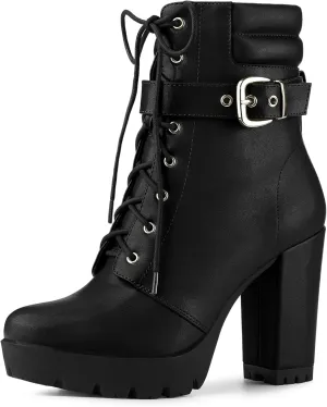 Allegra K Women's Platform Ankle Boots Lace Up Block Heels Combat Boots