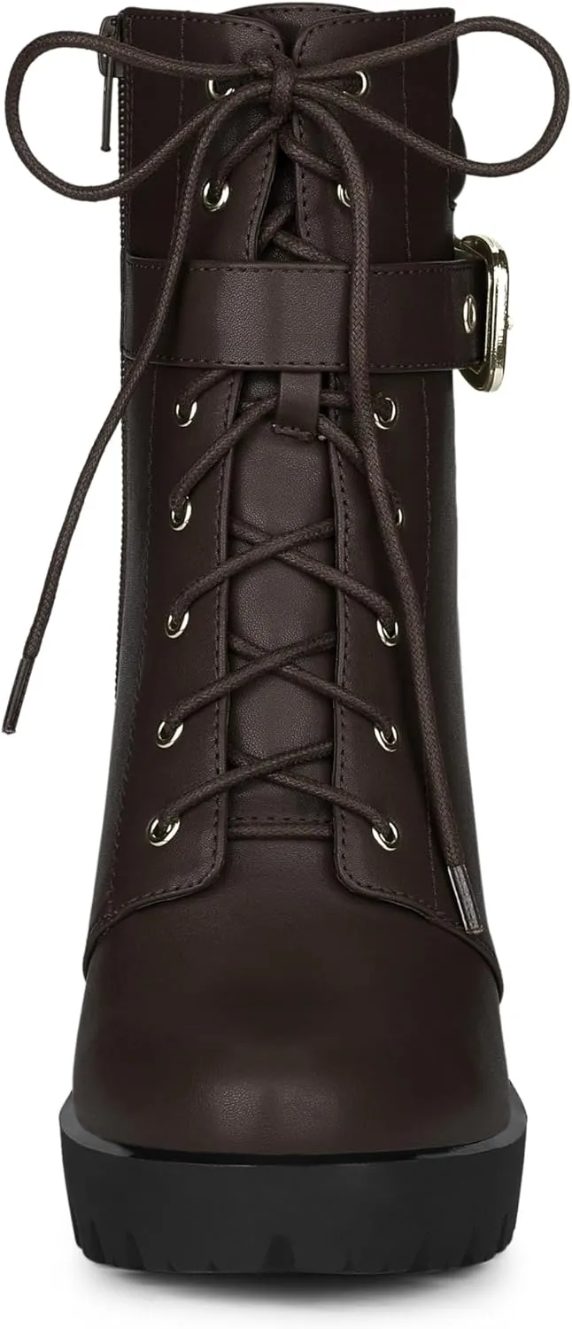 Allegra K Women's Platform Ankle Boots Lace Up Block Heels Combat Boots
