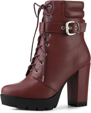 Allegra K Women's Platform Ankle Boots Lace Up Block Heels Combat Boots